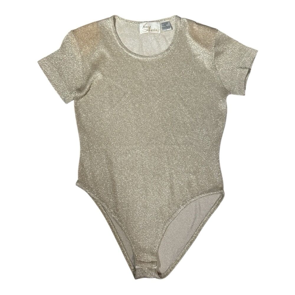 Vintage Y2K Nina Austin Bodysuit Shimmer Gold Metallic Sheer Sexy Glamour